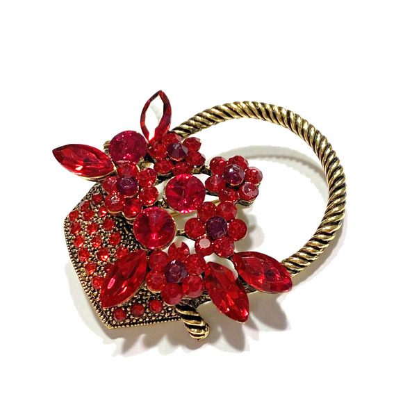 Red Rhinestone Flower Basket Brooch Rope Textured Goldtone Dimensional Pin Chic - Picture 2 of 7